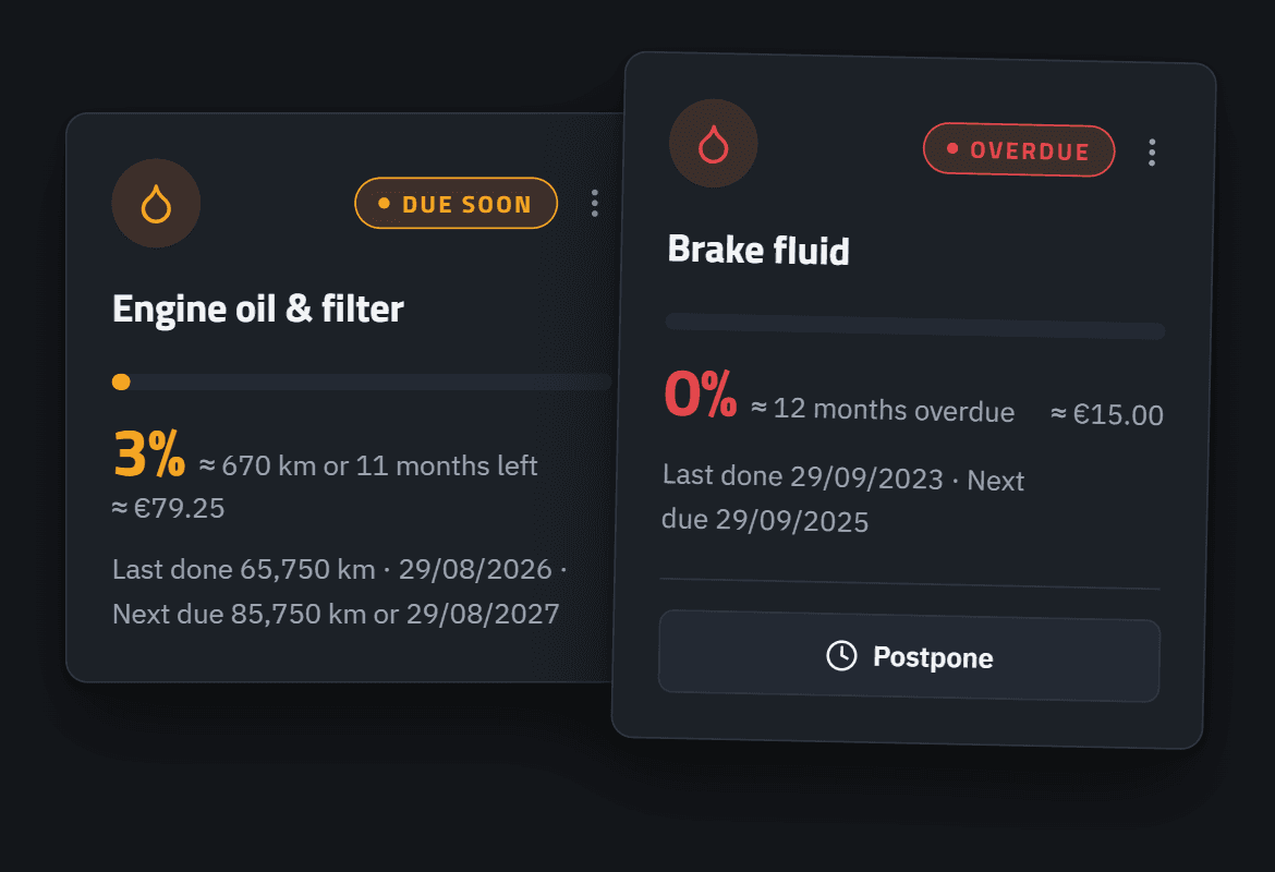 Track2Drive component cards: brake fluid overdue, engine oil due soon and tyres up to date, each with the distance or time left and a cost estimate