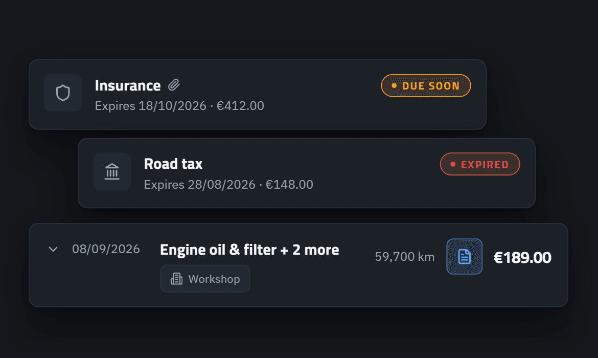 Track2Drive renewals for insurance, road tax and inspection with their expiry dates, and an expanded service entry listing parts, costs and a receipt